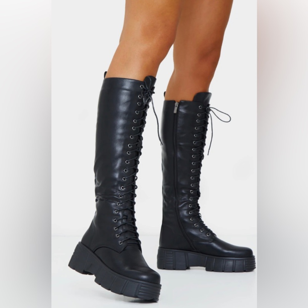 Black Lace-Up Knee-High Boots